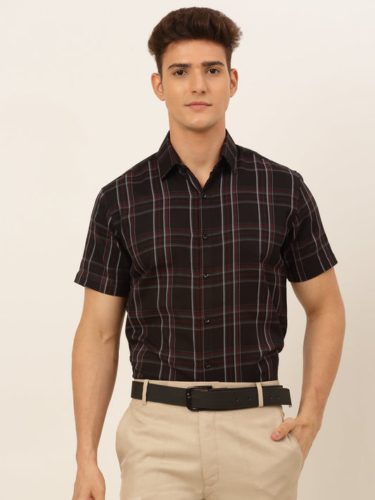 Jainish Men's Cotton Checked Formal Shirts - Black