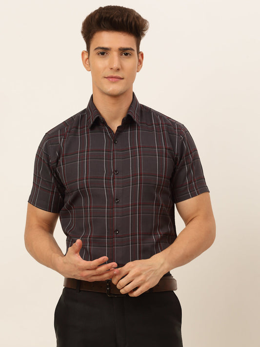 Jainish Men's Cotton Checked Formal Shirts - Brown