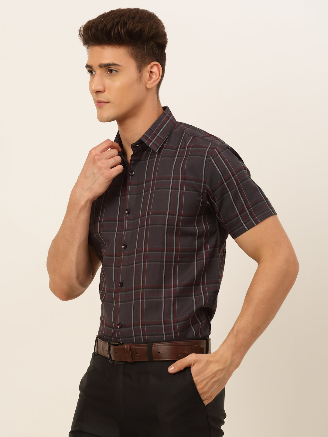 Jainish Men's Cotton Checked Formal Shirts - Brown