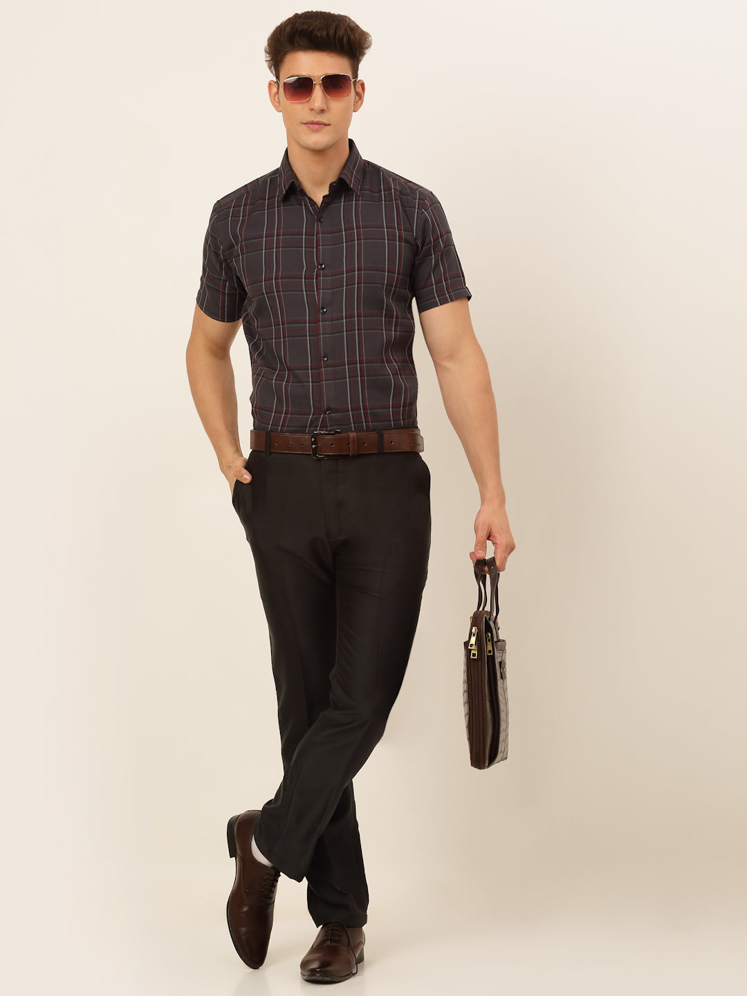 Jainish Men's Cotton Checked Formal Shirts - Brown