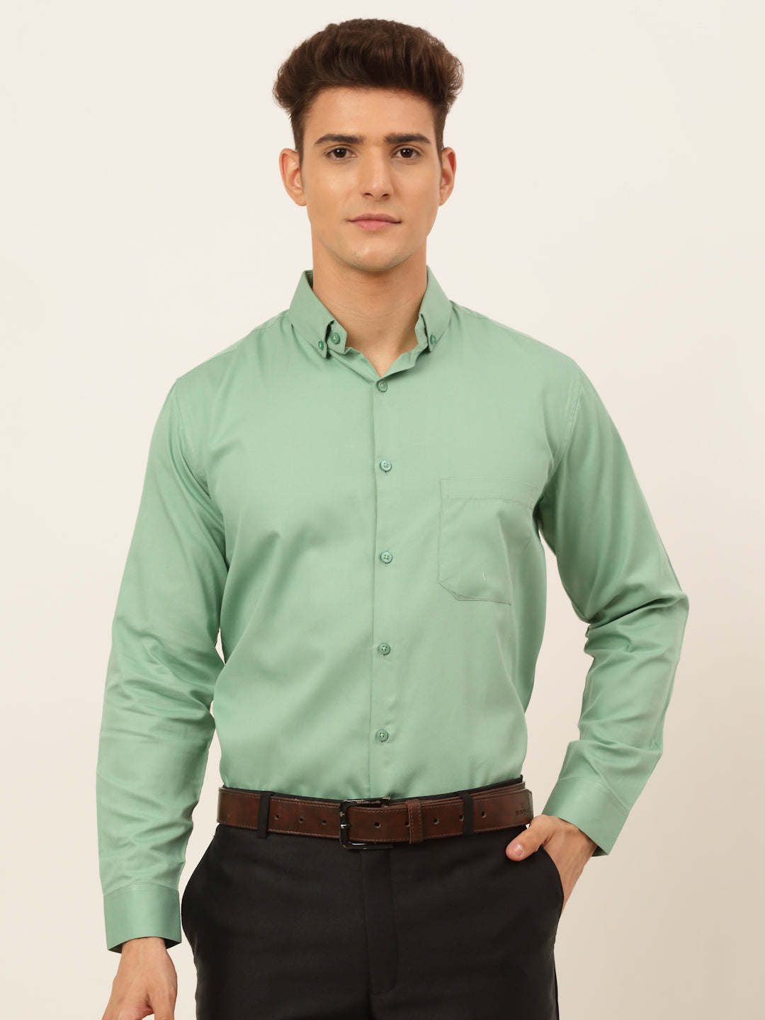 Jainish Men's Cotton Solid Formal Shirt - Pista