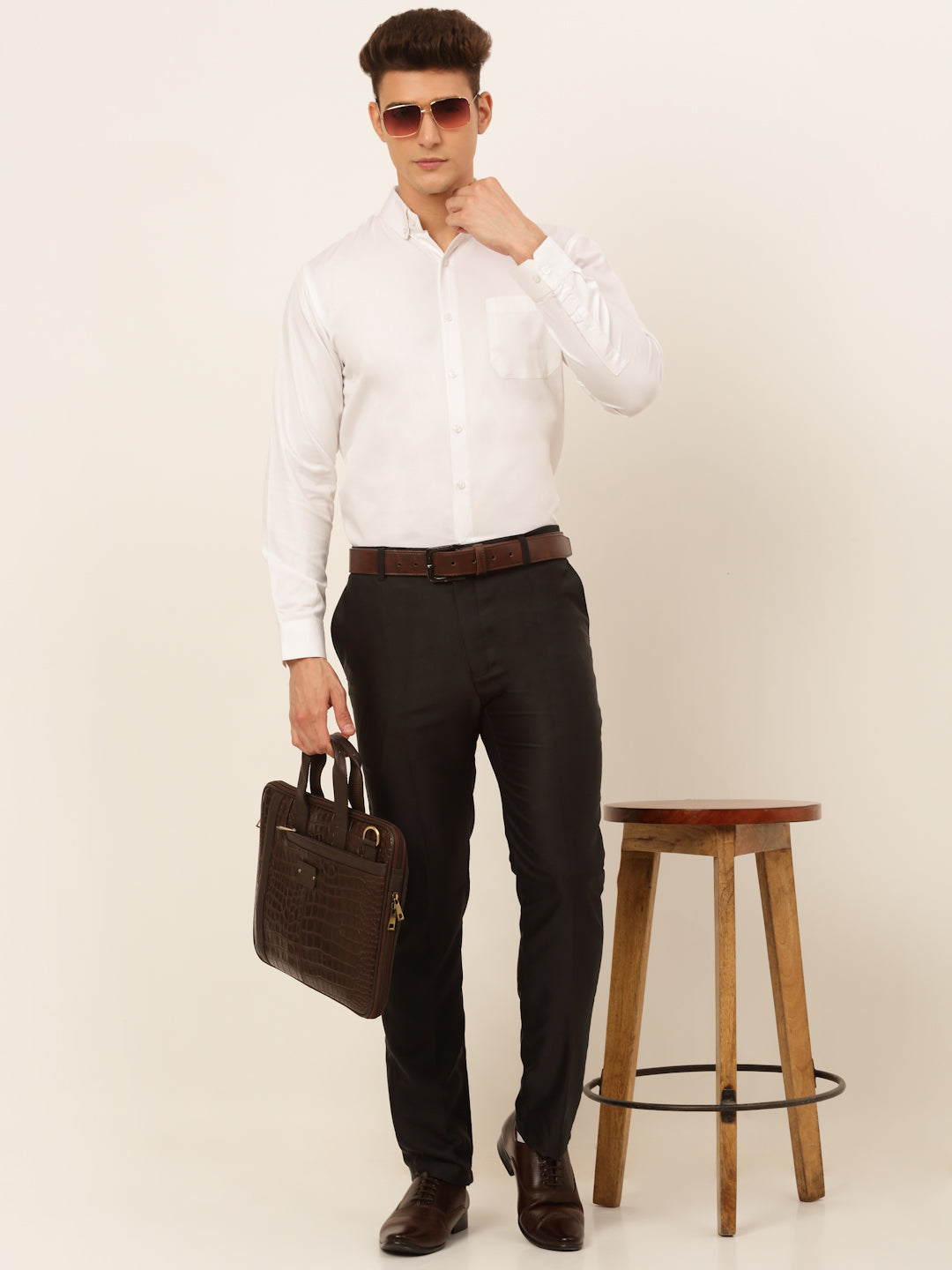 Jainish Men's Cotton Solid Formal Shirt - White