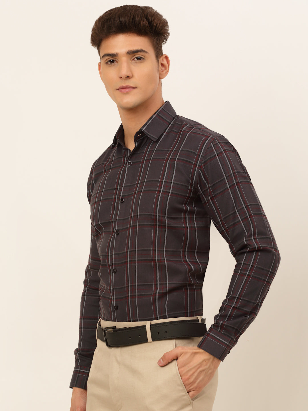 Jainish Men's Cotton Checked Formal Shirts - Brown