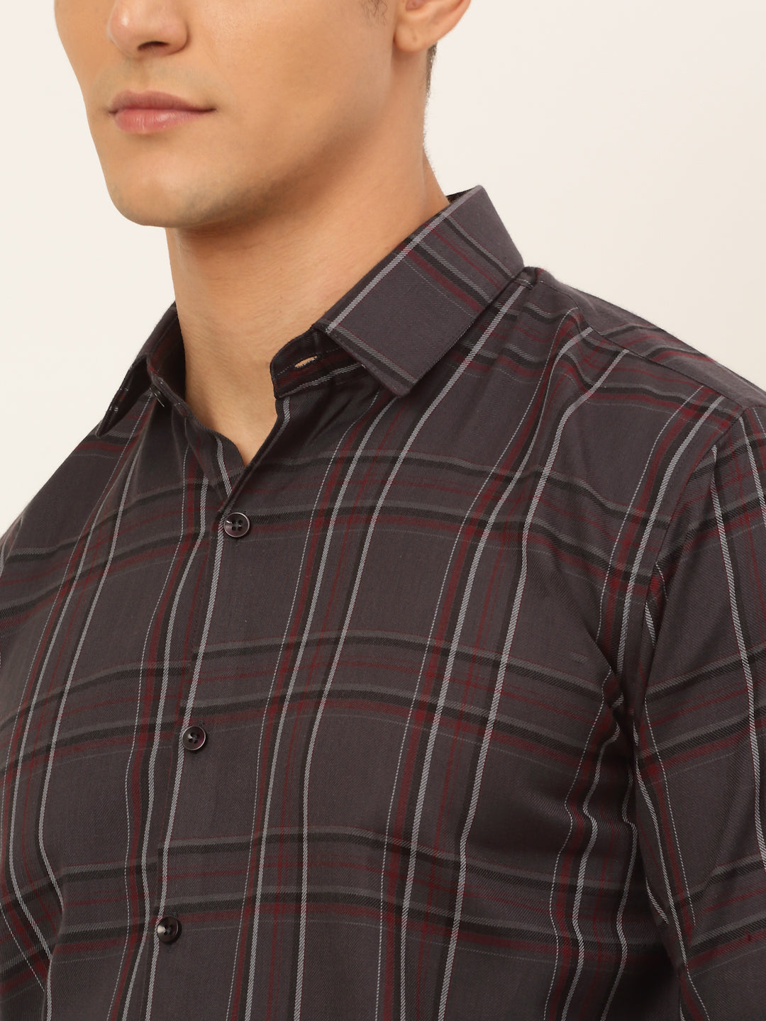 Jainish Men's Cotton Checked Formal Shirts - Brown