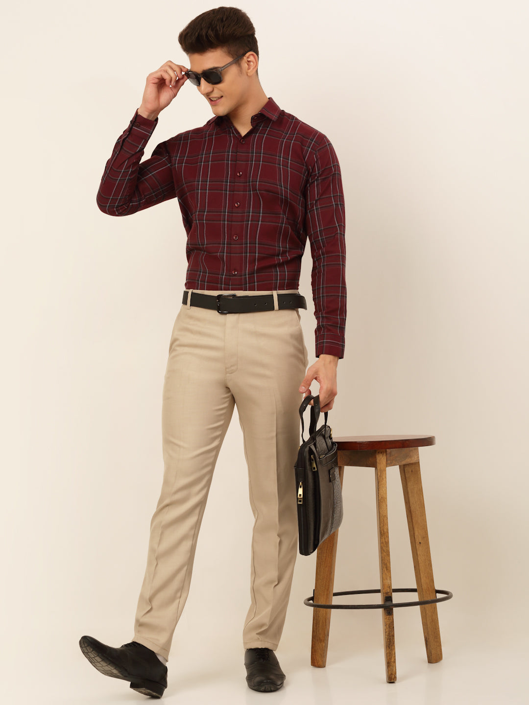 Jainish Men's Cotton Checked Formal Shirts - Maroon