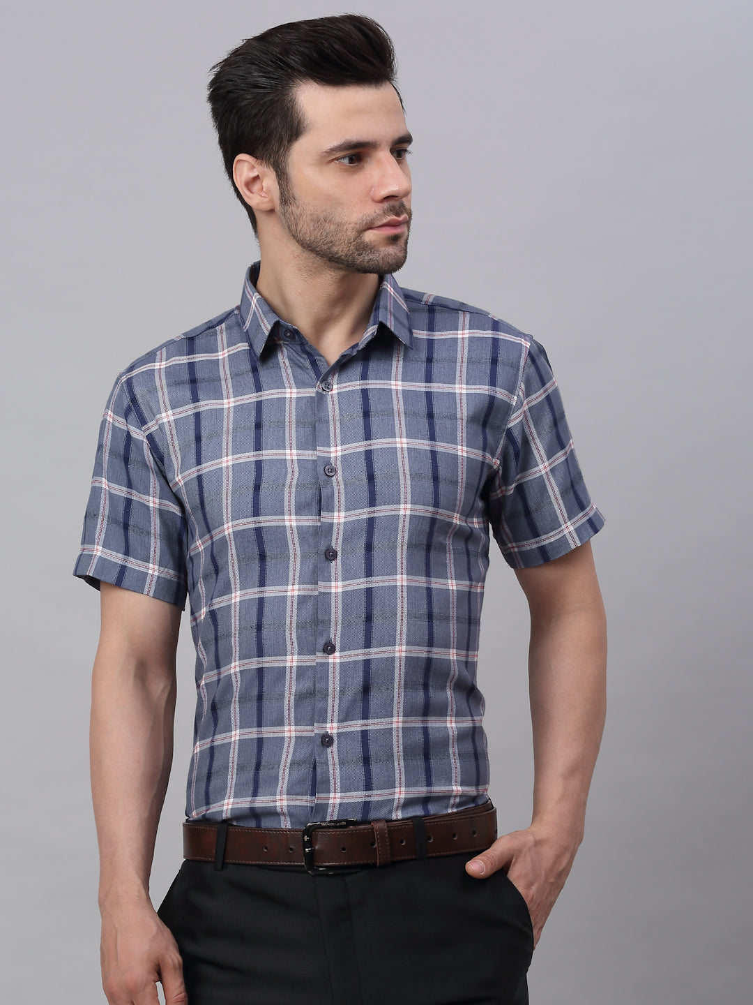 Jainish Men's Grey Half Sleeve Checked Formal Shirt