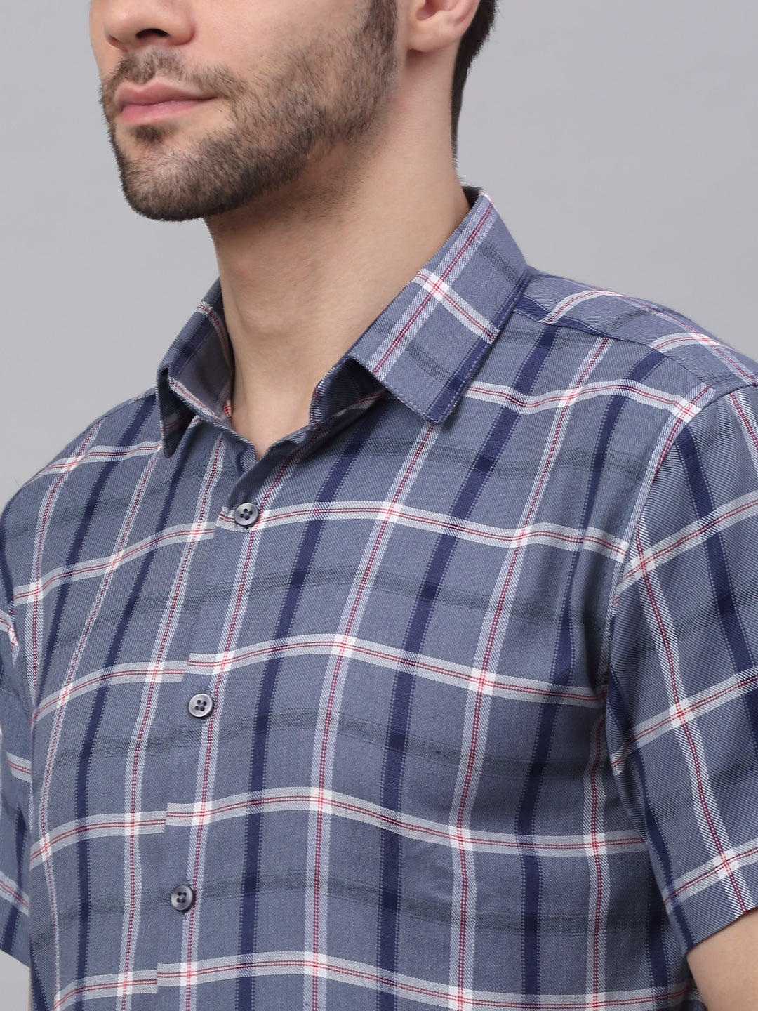Jainish Men's Grey Half Sleeve Checked Formal Shirt