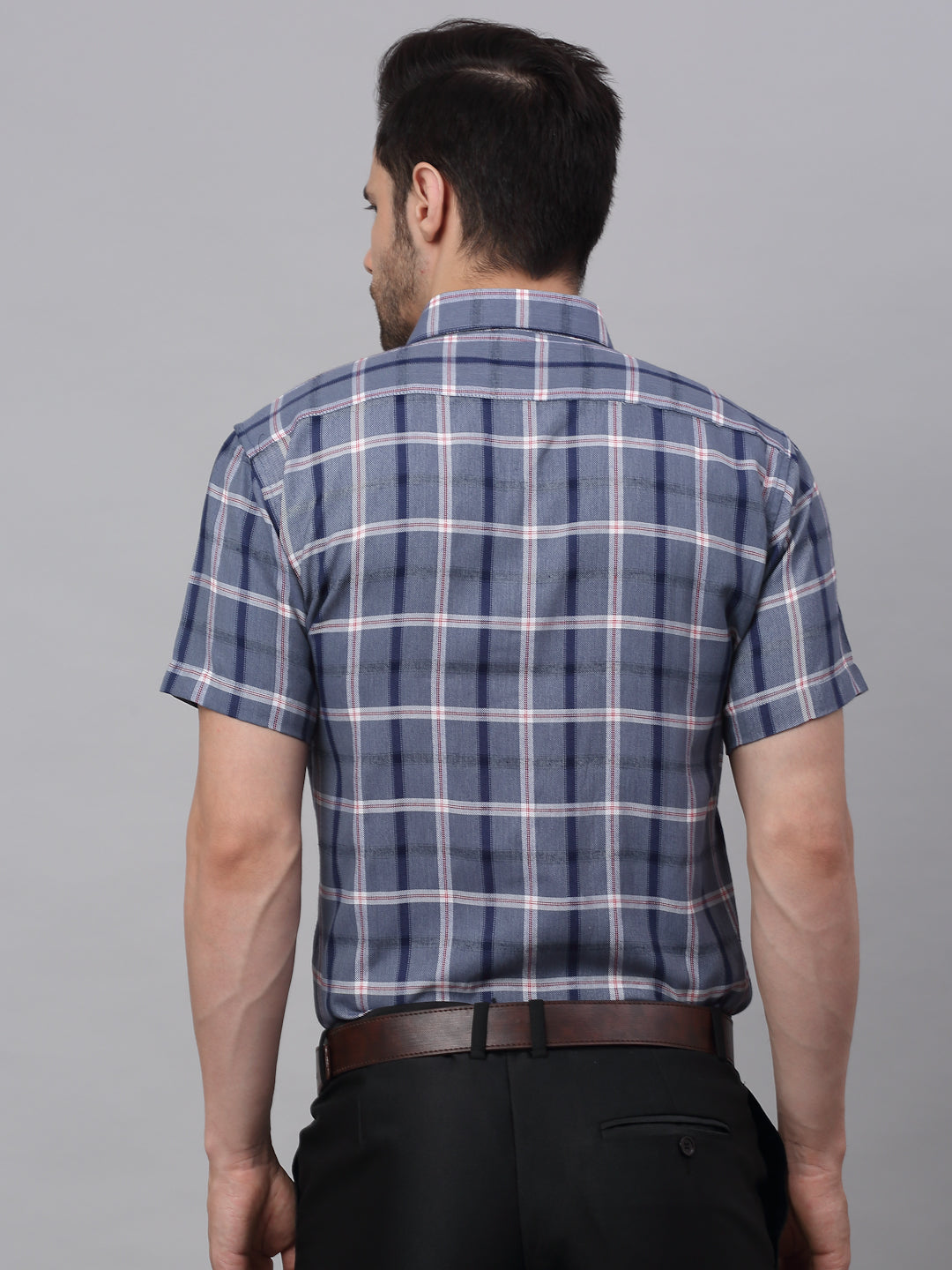 Jainish Men's Grey Half Sleeve Checked Formal Shirt
