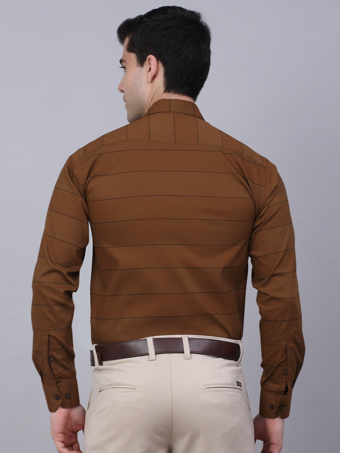 Jainish Men's Brown Horizontal Striped Formal Shirt