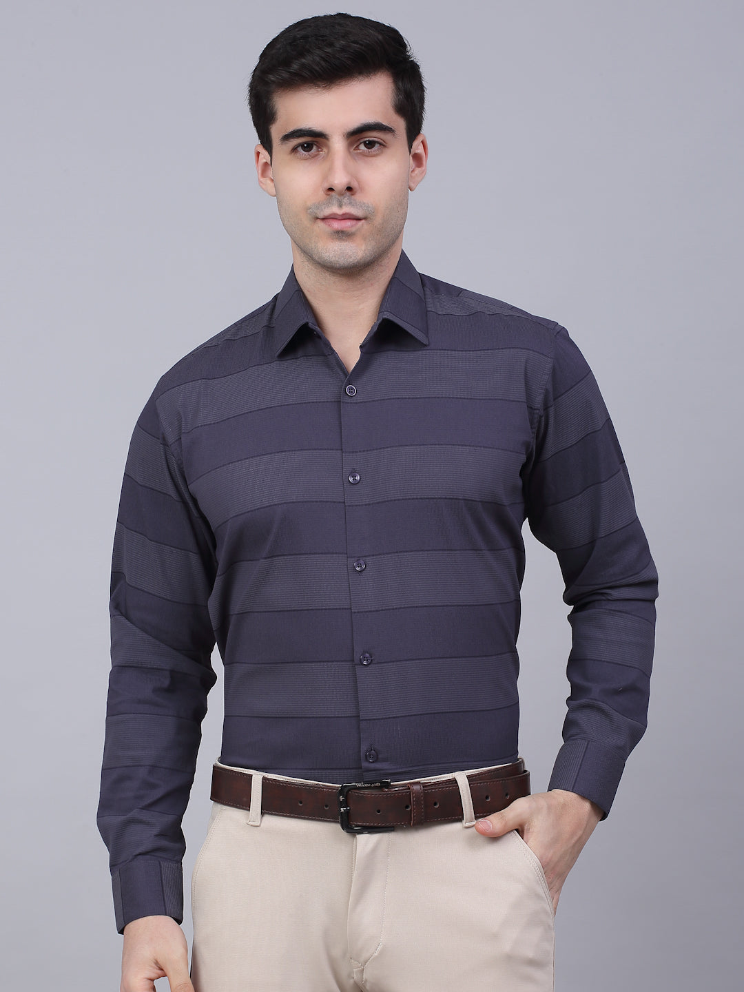 Jainish Men's Grey Horizontal Striped Formal Shirt