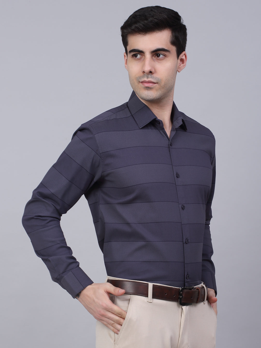 Jainish Men's Grey Horizontal Striped Formal Shirt