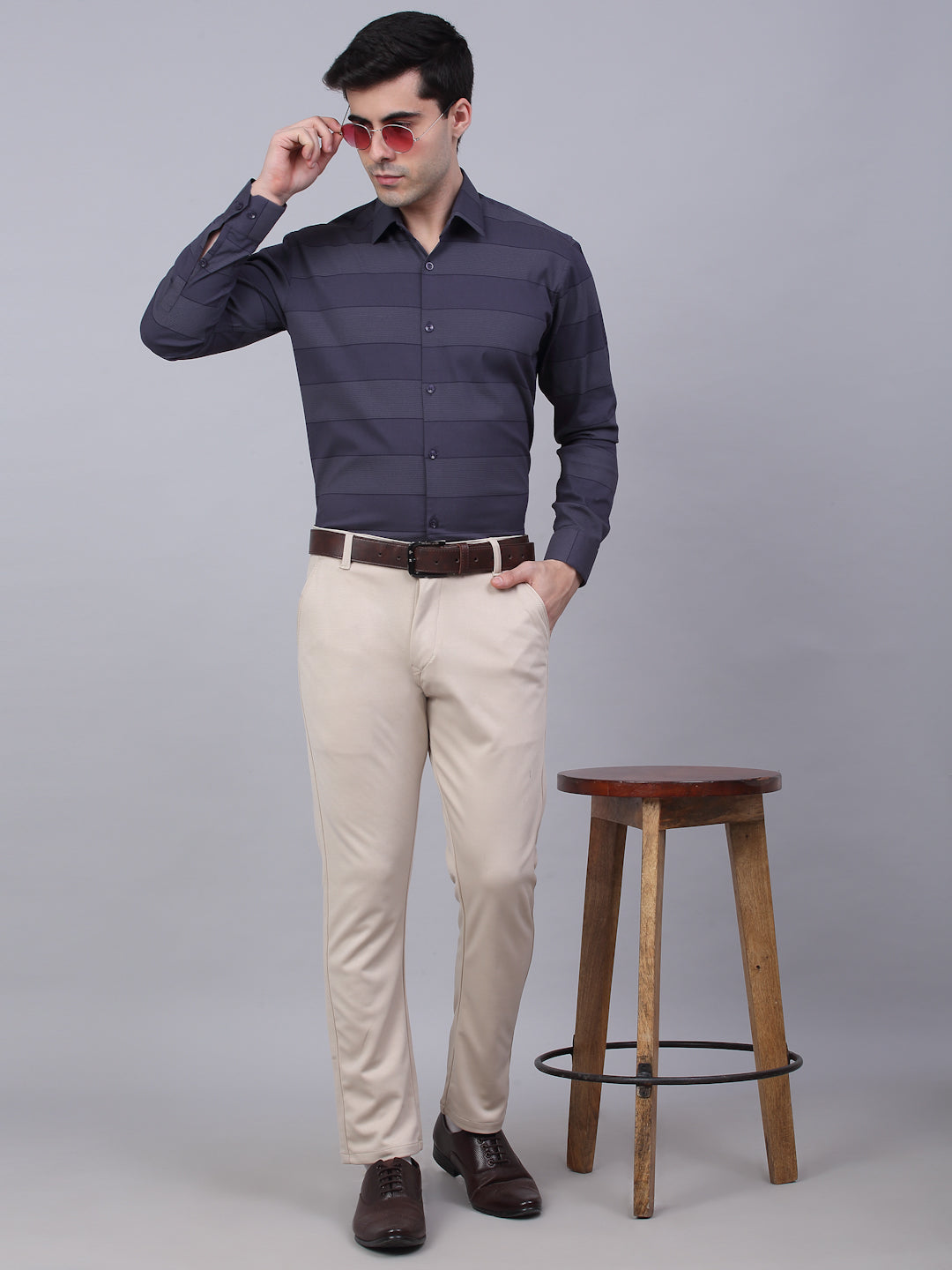 Jainish Men's Grey Horizontal Striped Formal Shirt