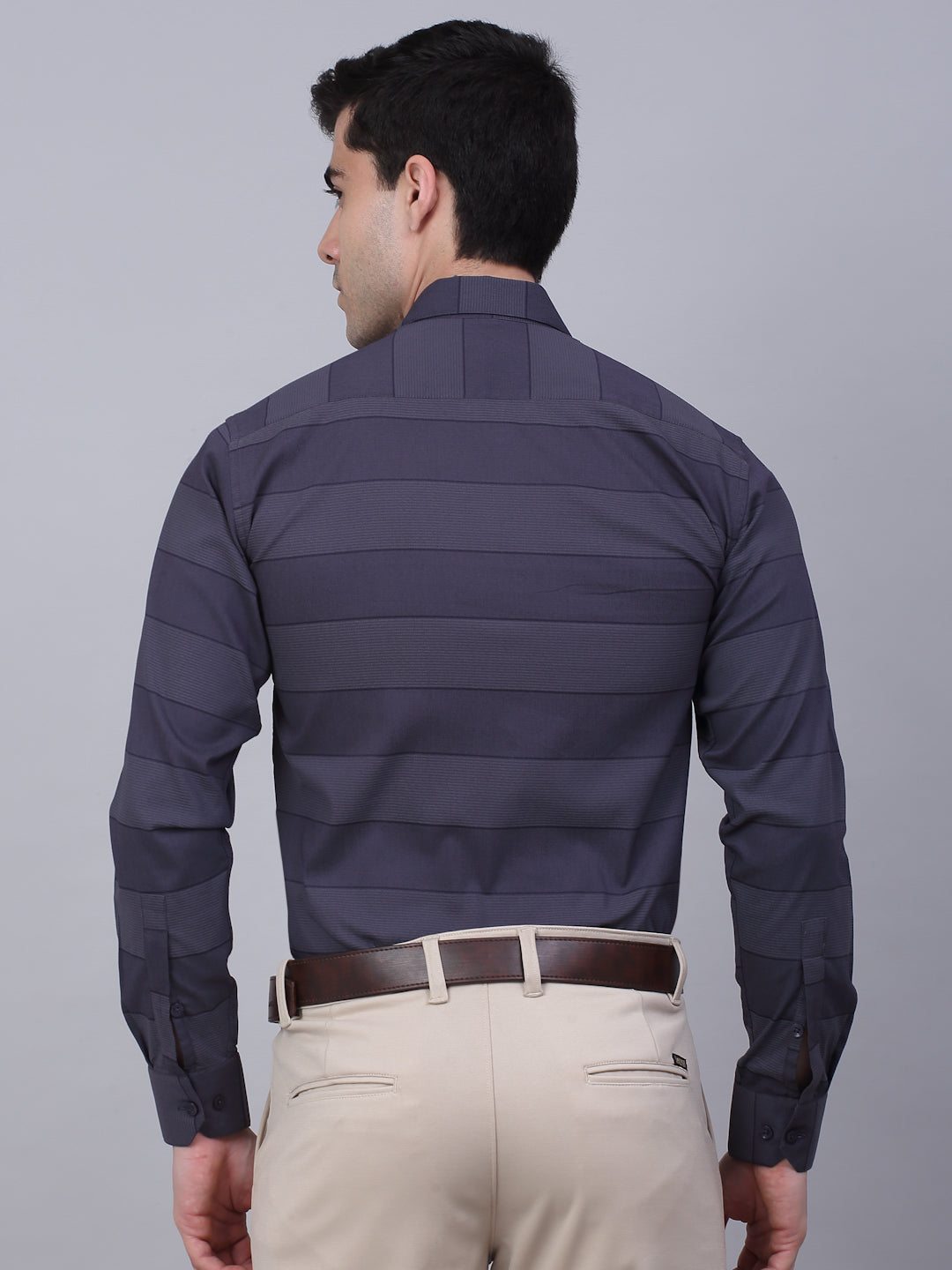 Jainish Men's Grey Horizontal Striped Formal Shirt