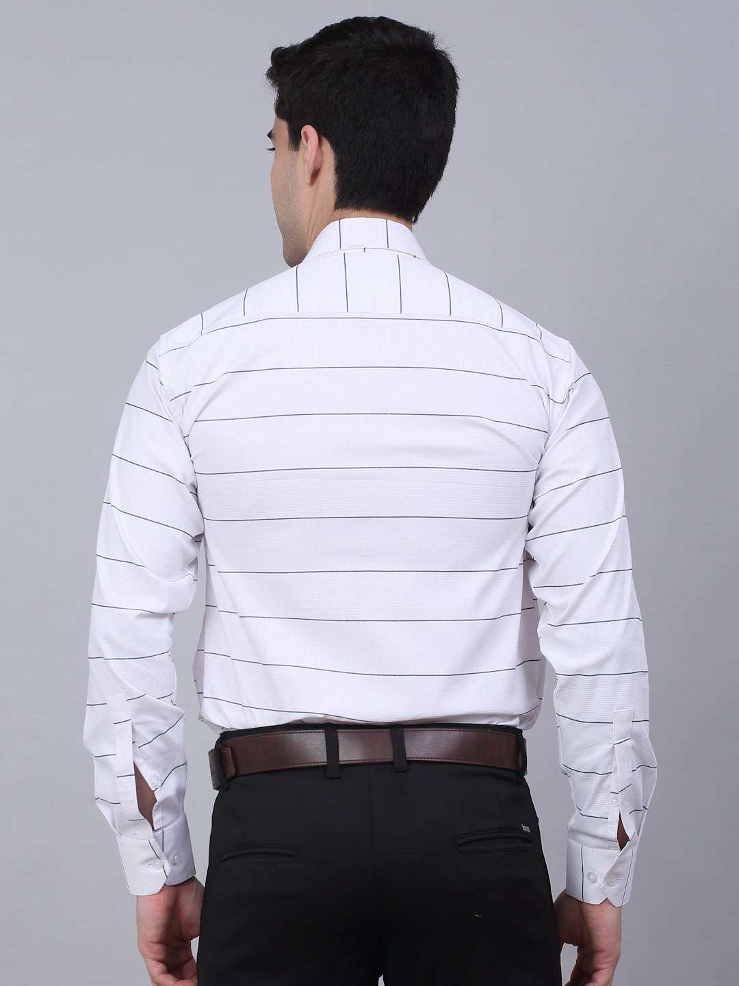 Jainish Men's White Horizontal Striped Formal Shirt