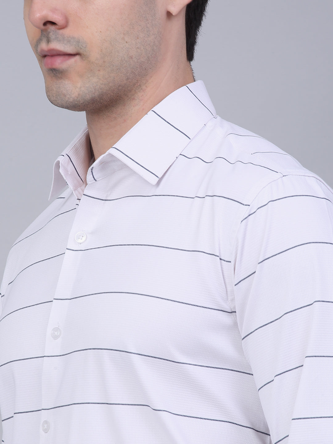 Jainish Men's White Horizontal Striped Formal Shirt