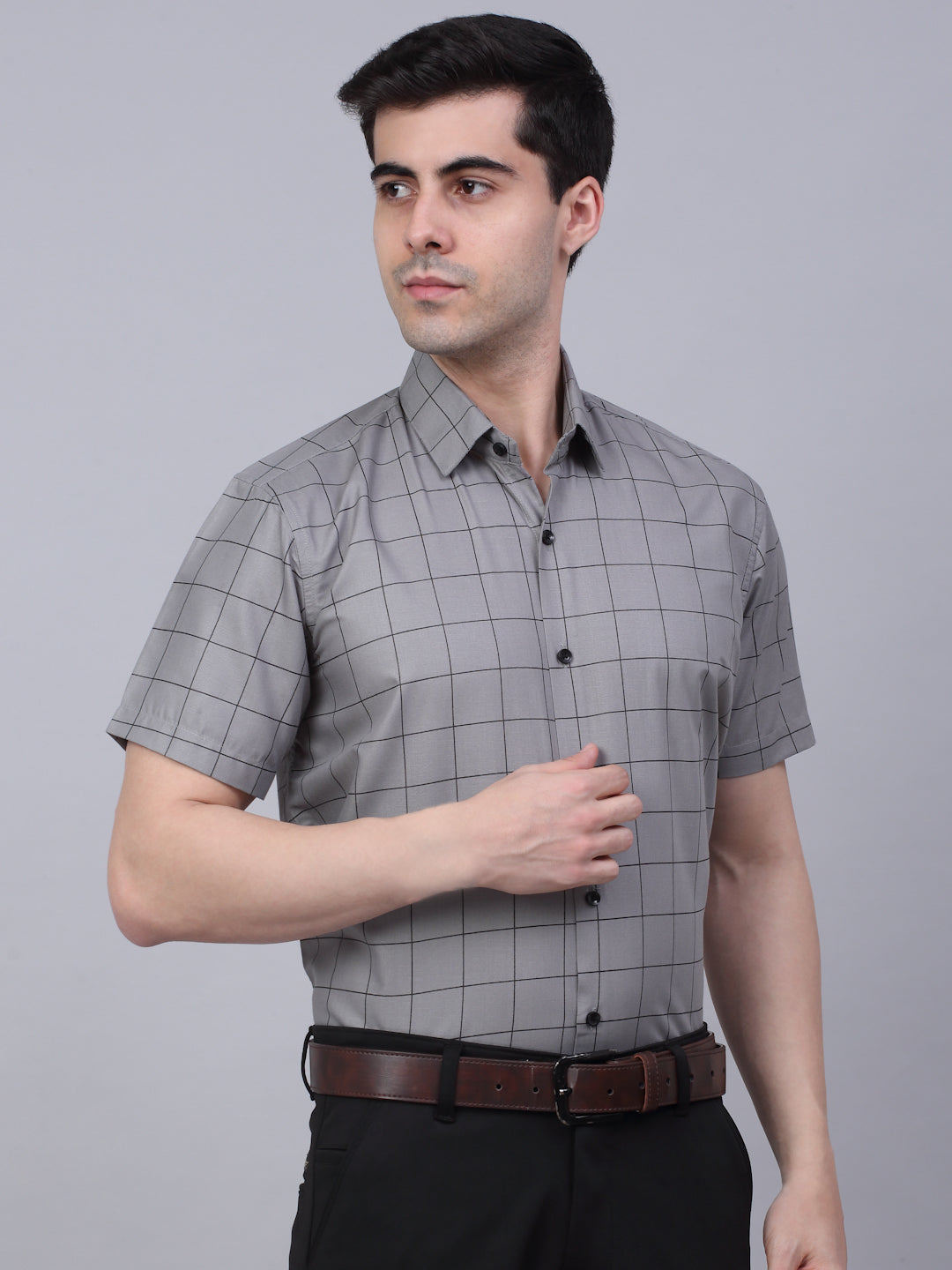 Jainish Men's Cotton Half Sleeve Checked Formal Shirts - Grey