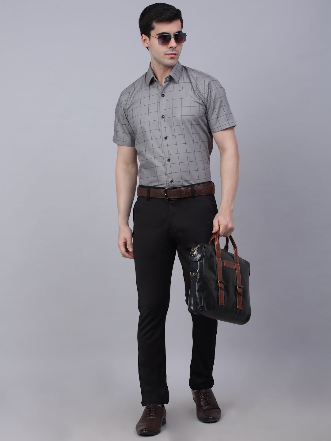 Jainish Men's Cotton Half Sleeve Checked Formal Shirts - Grey