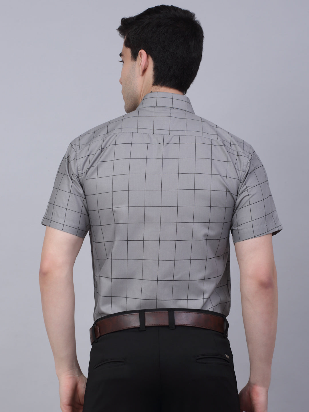 Jainish Men's Cotton Half Sleeve Checked Formal Shirts - Grey