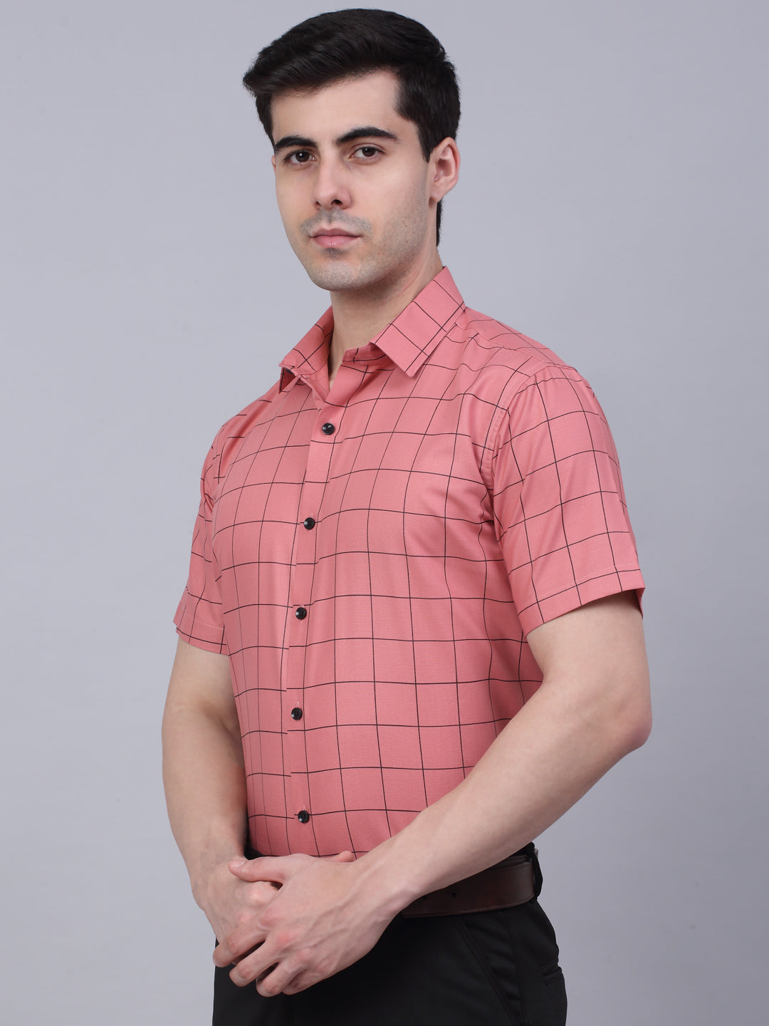 Jainish Men's Cotton Half Sleeve Checked Formal Shirts - Peach