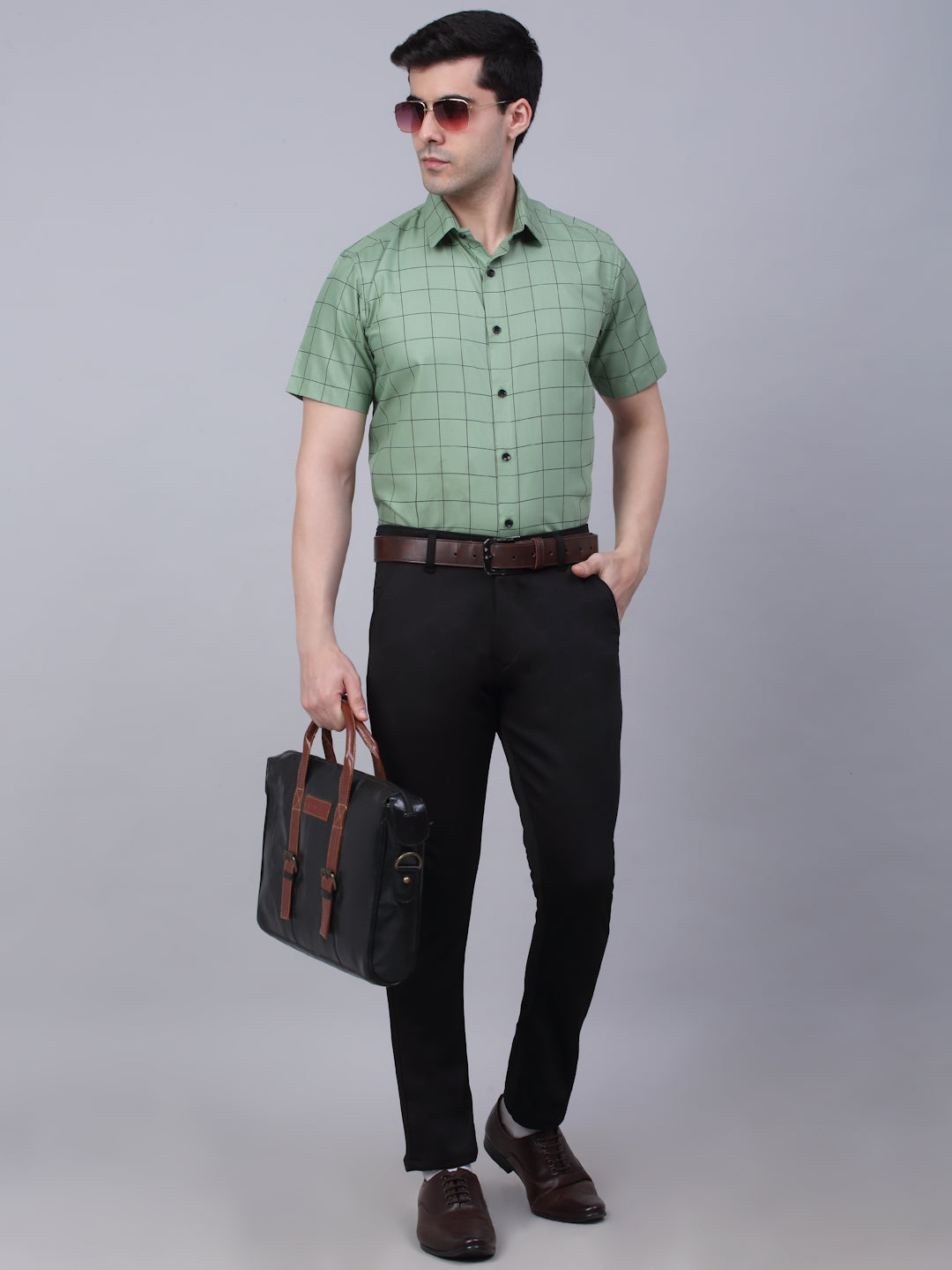 Jainish Men's Cotton Half Sleeve Checked Formal Shirts - Pista