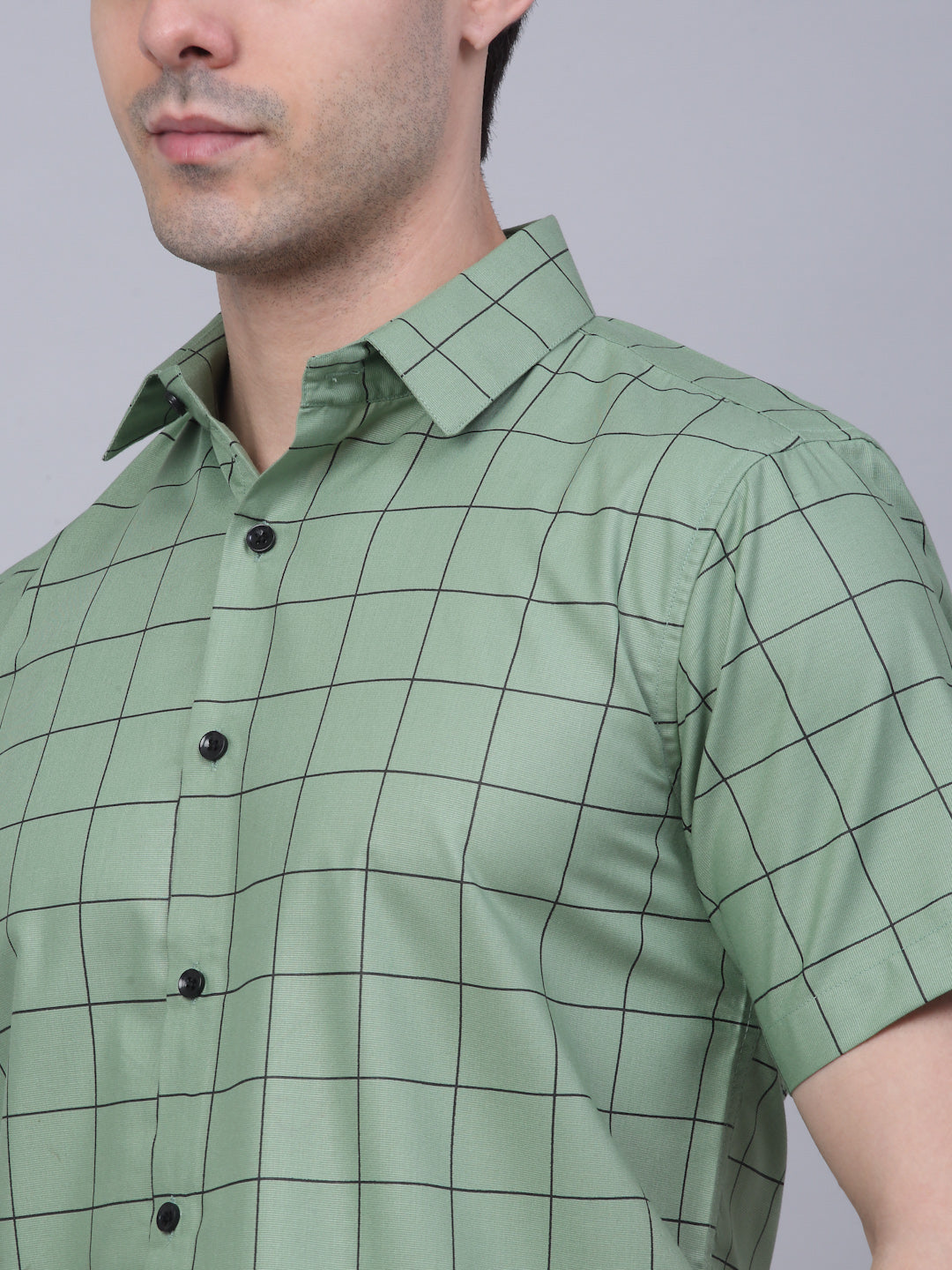 Jainish Men's Cotton Half Sleeve Checked Formal Shirts - Pista