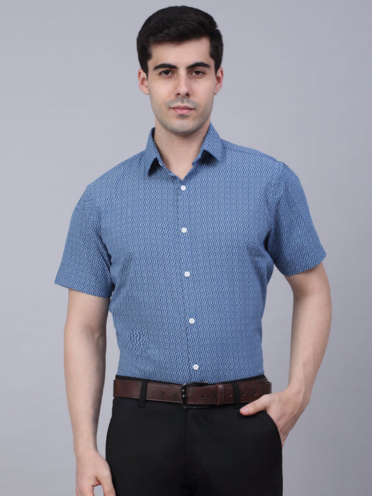 Jainish Men's Cotton Half Sleeve Printed Formal Shirts - Blue