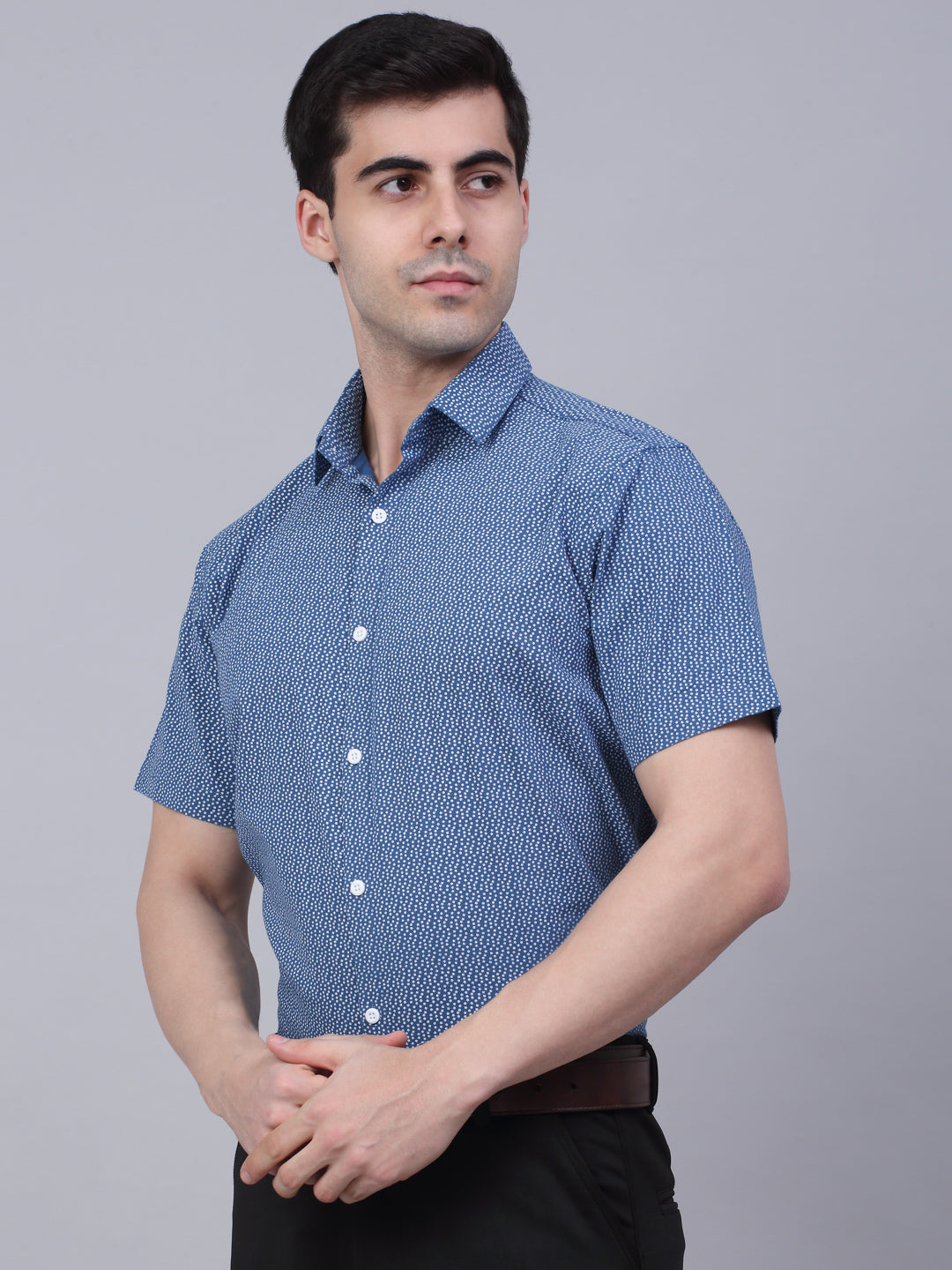 Jainish Men's Cotton Half Sleeve Printed Formal Shirts - Blue
