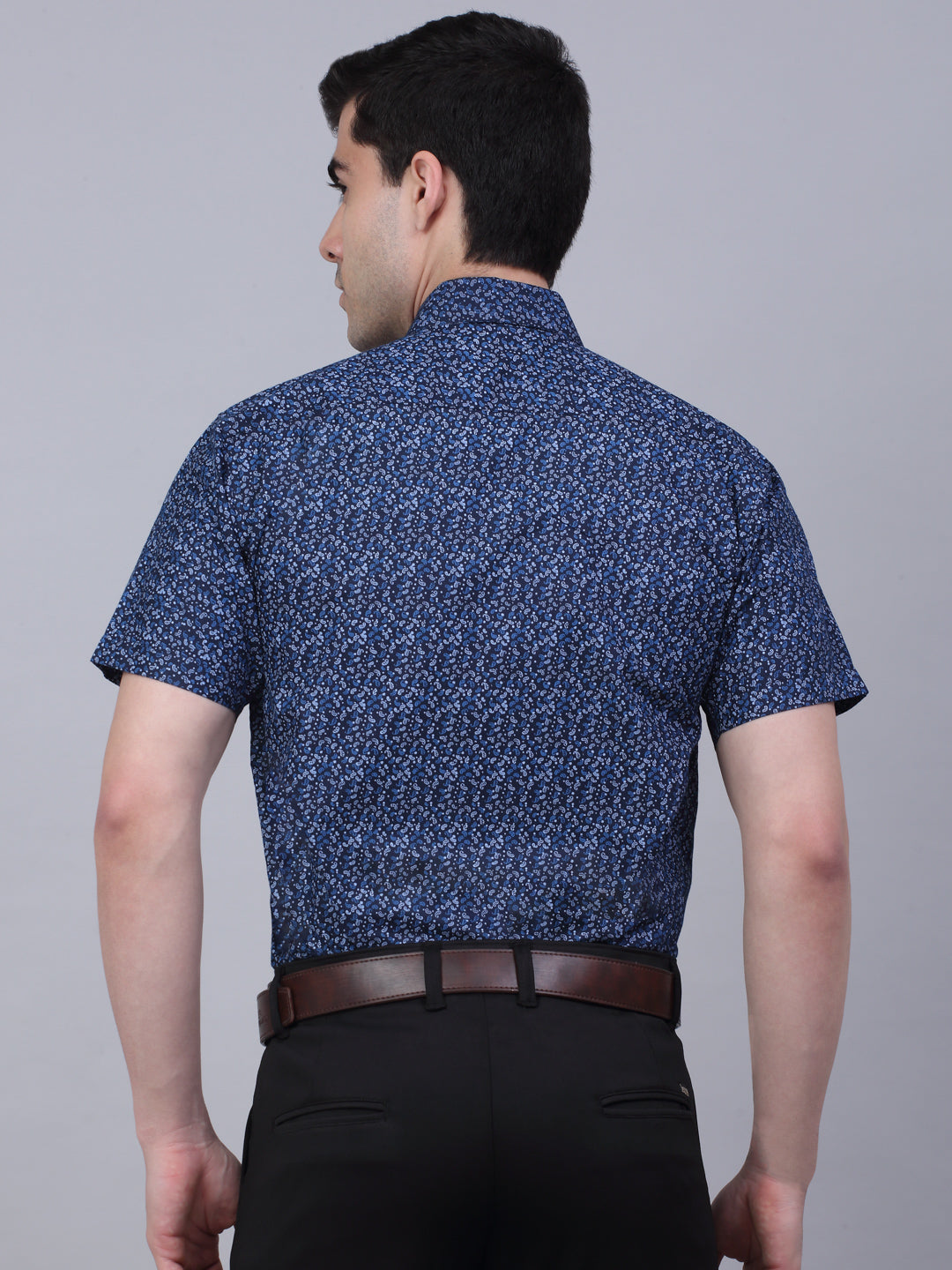Jainish Men's Cotton Half Sleeve Printed Formal Shirts - Navy Blue