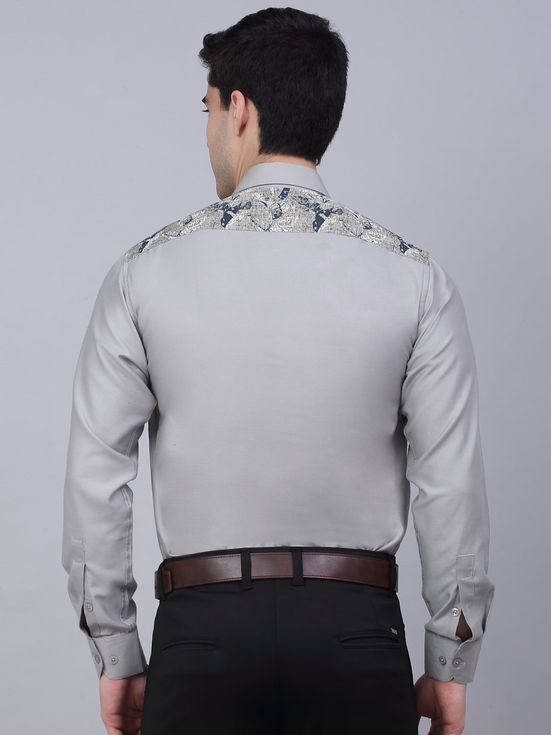 Jainish Men's Cotton Lycra Printed Formal Shirts - Steel-Grey