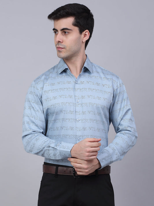 Jainish Men's Cotton Lycra Printed Formal Shirts - Sky Blue