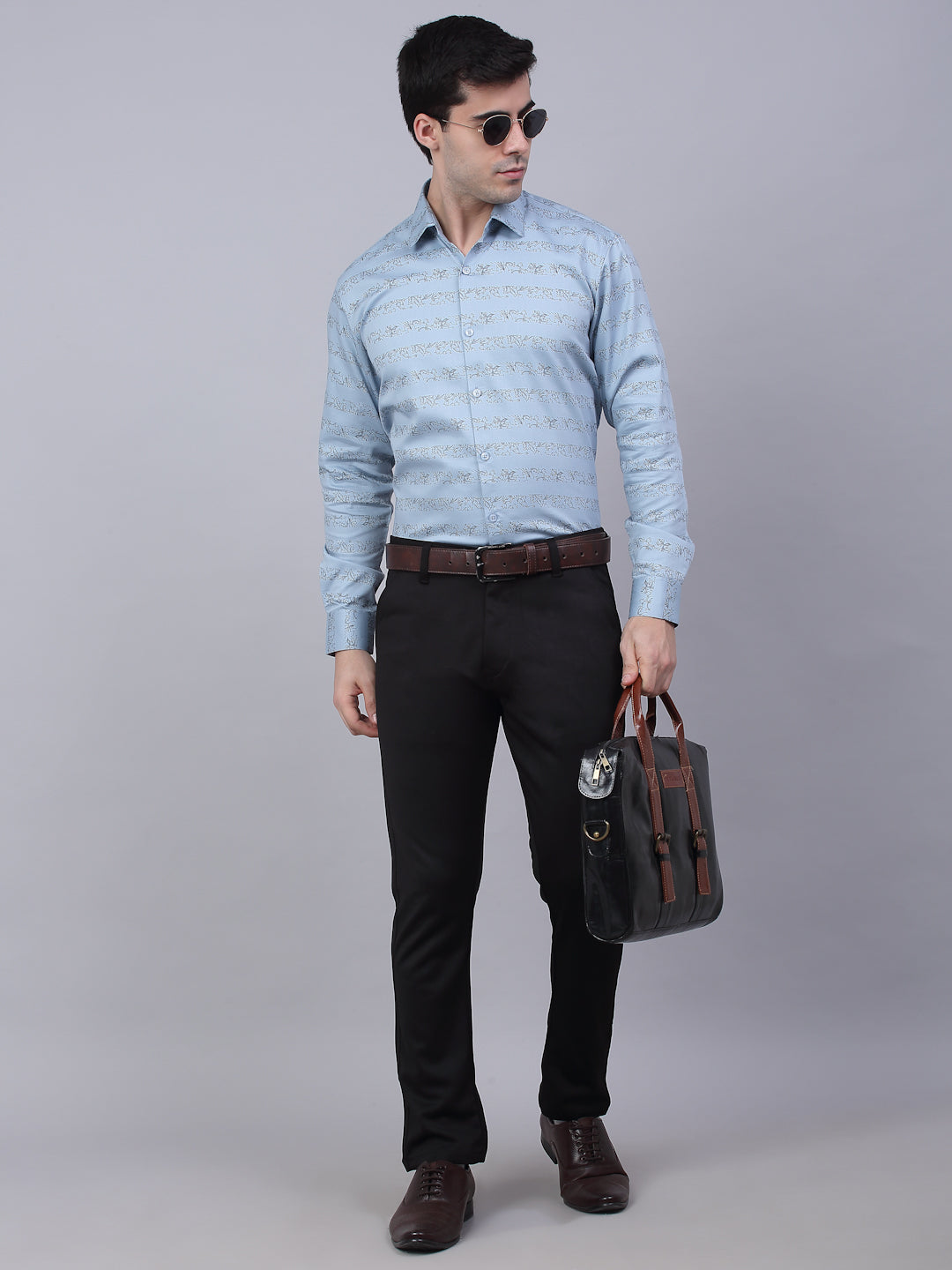 Jainish Men's Cotton Lycra Printed Formal Shirts - Sky Blue