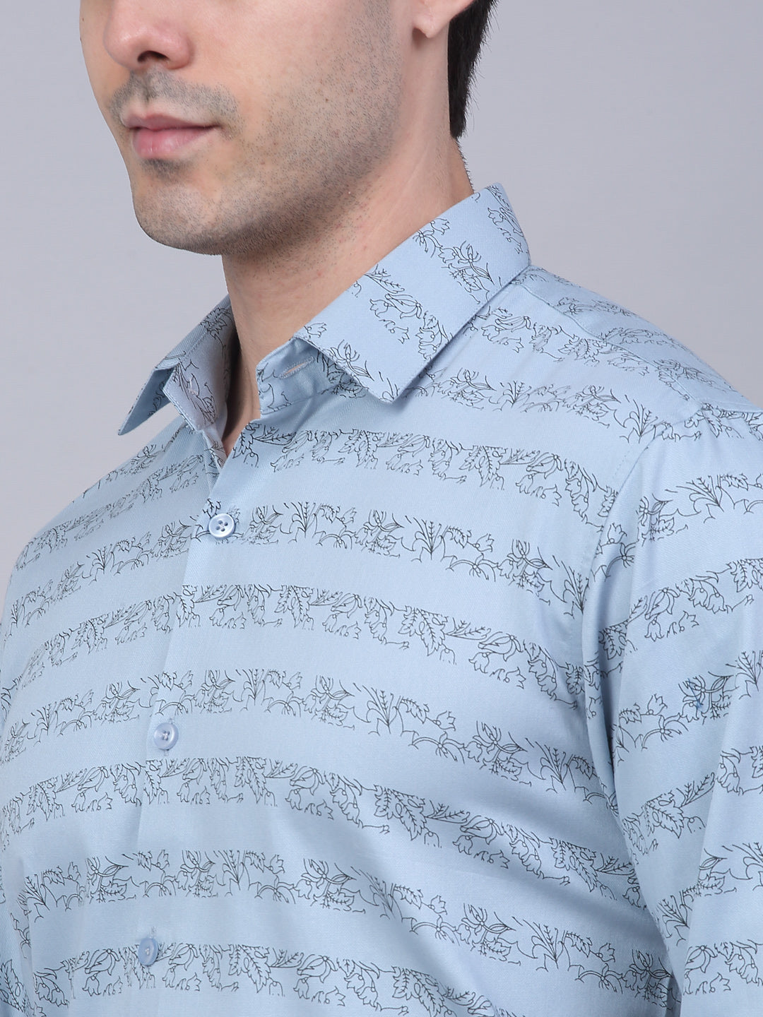 Jainish Men's Cotton Lycra Printed Formal Shirts - Sky Blue