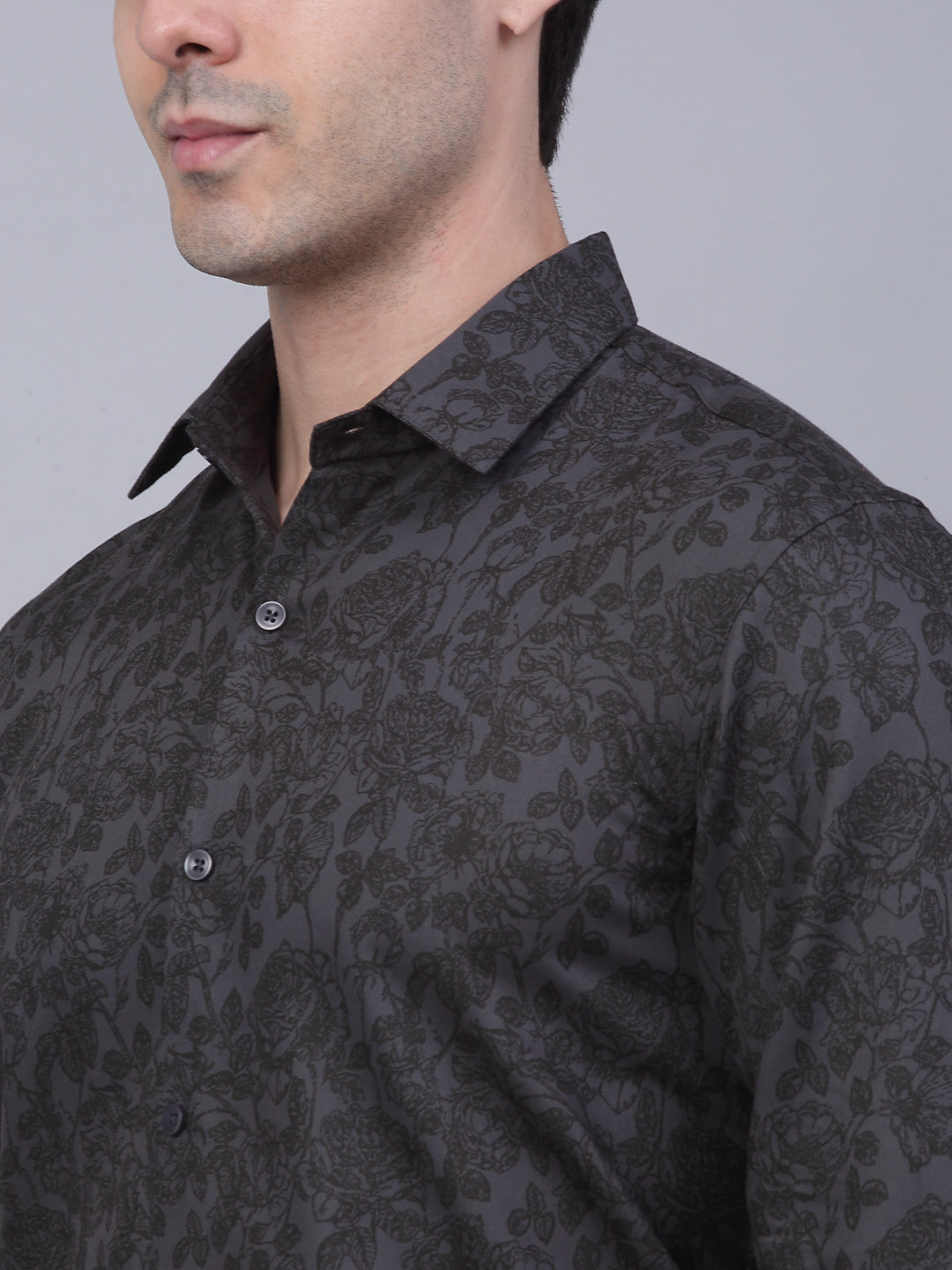 Jainish Men's Cotton Lycra Printed Formal Shirts - Grey