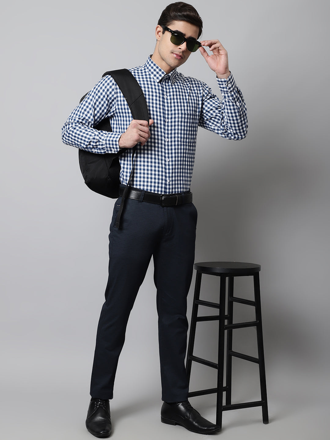 Jainish Men's Blue Checks Pure Cotton Formal Shirt
