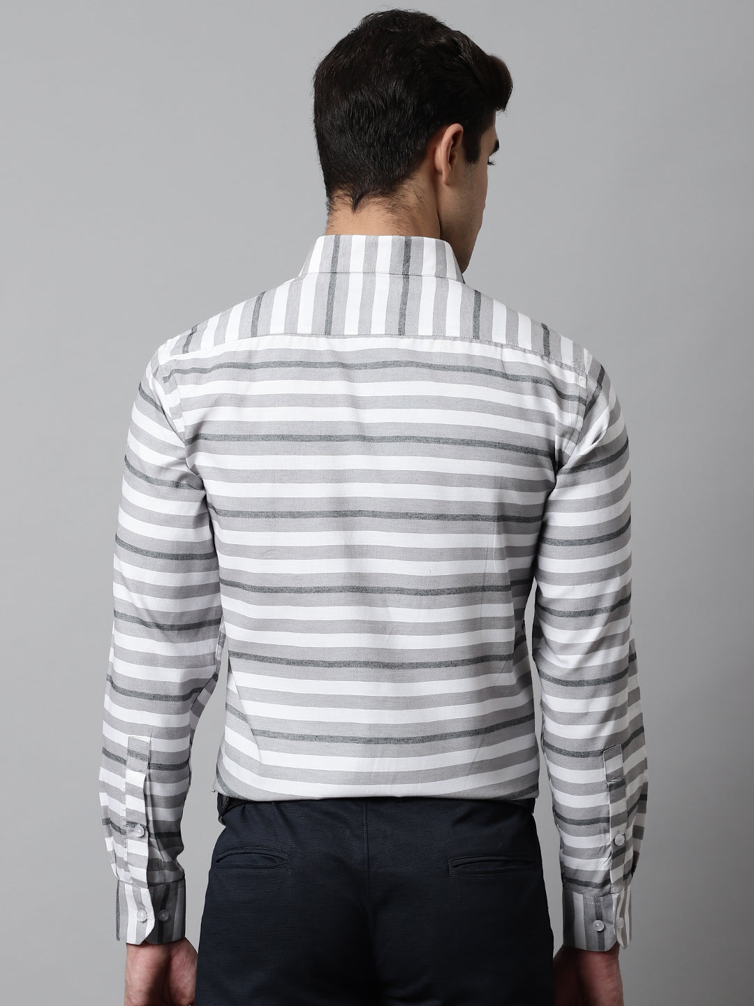 Jainish Men's Grey Classic Horizontal Striped Formal Shirt