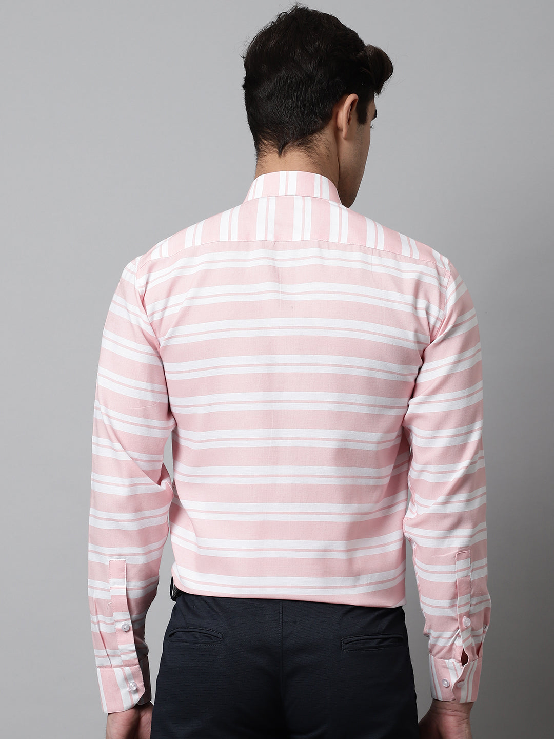 Jainish Men's Peach Classic Horizontal Striped Formal Shirt