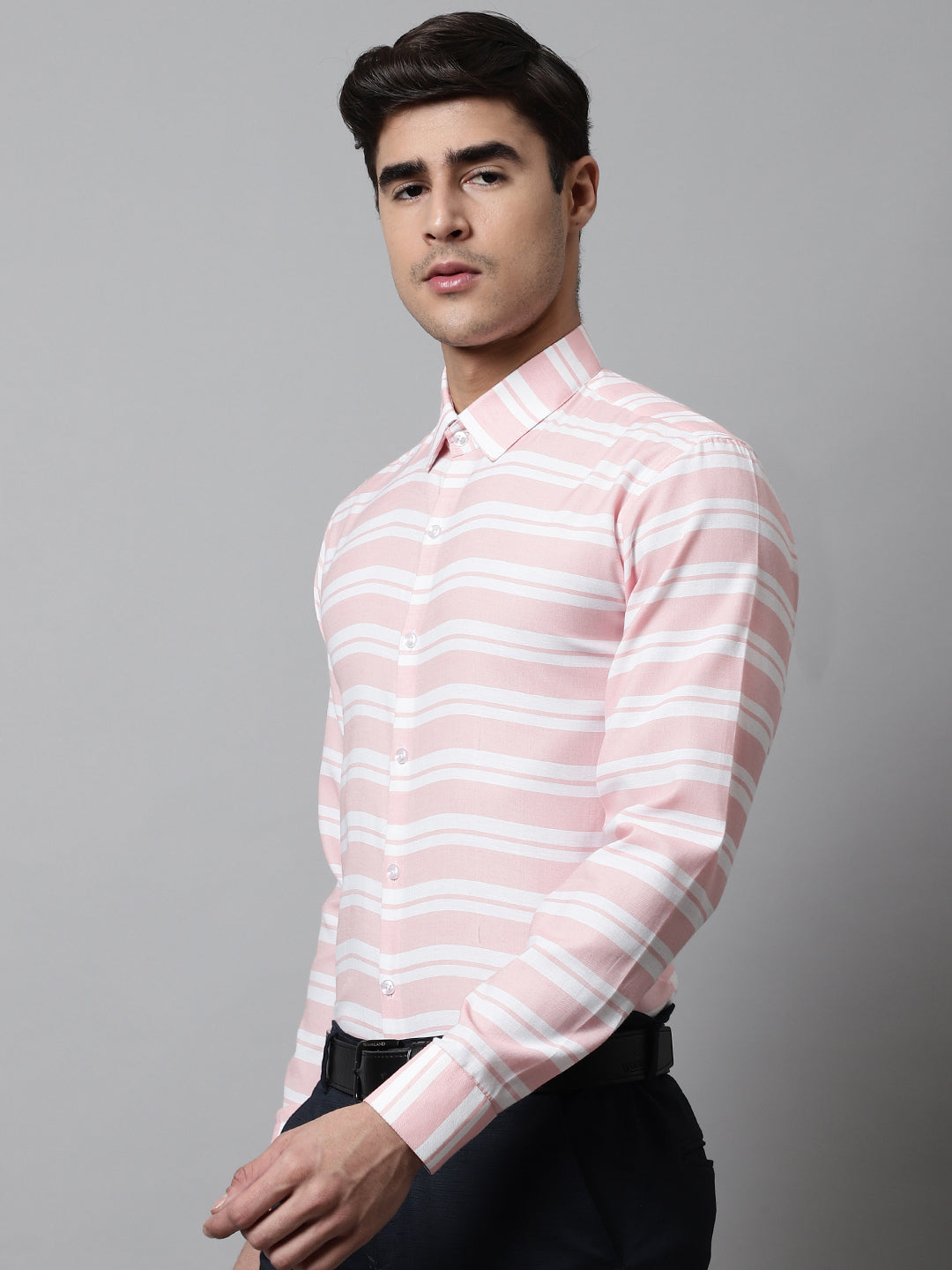 Jainish Men's Peach Classic Horizontal Striped Formal Shirt