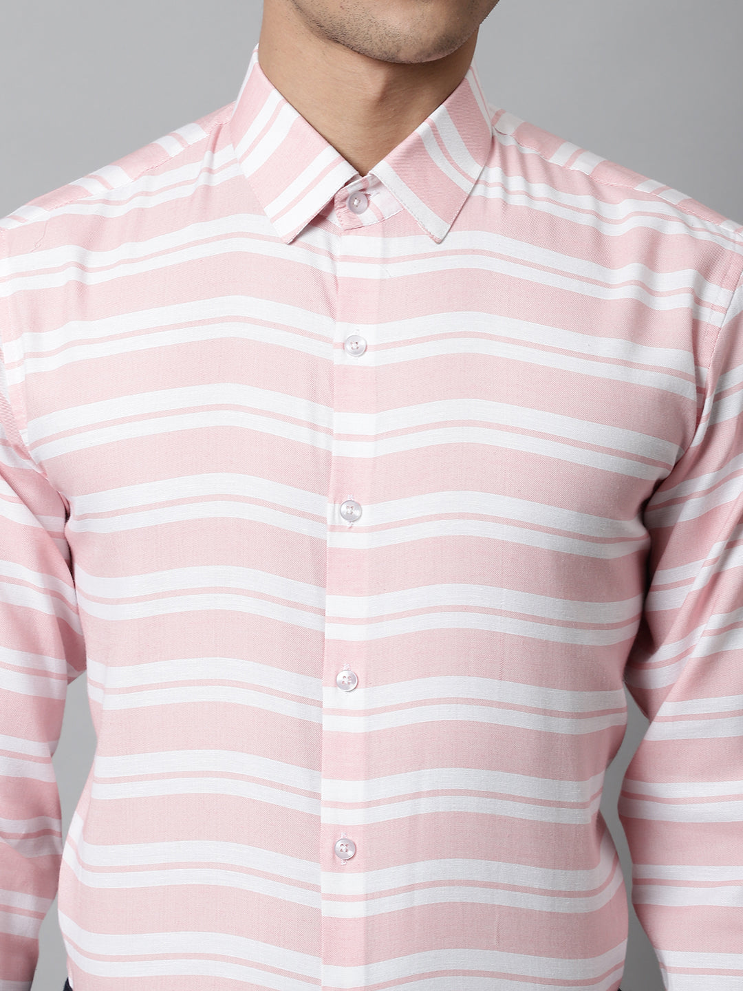 Jainish Men's Peach Classic Horizontal Striped Formal Shirt