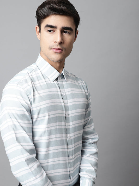 Jainish Men's Sky Blue Classic Horizontal Striped Formal Shirt