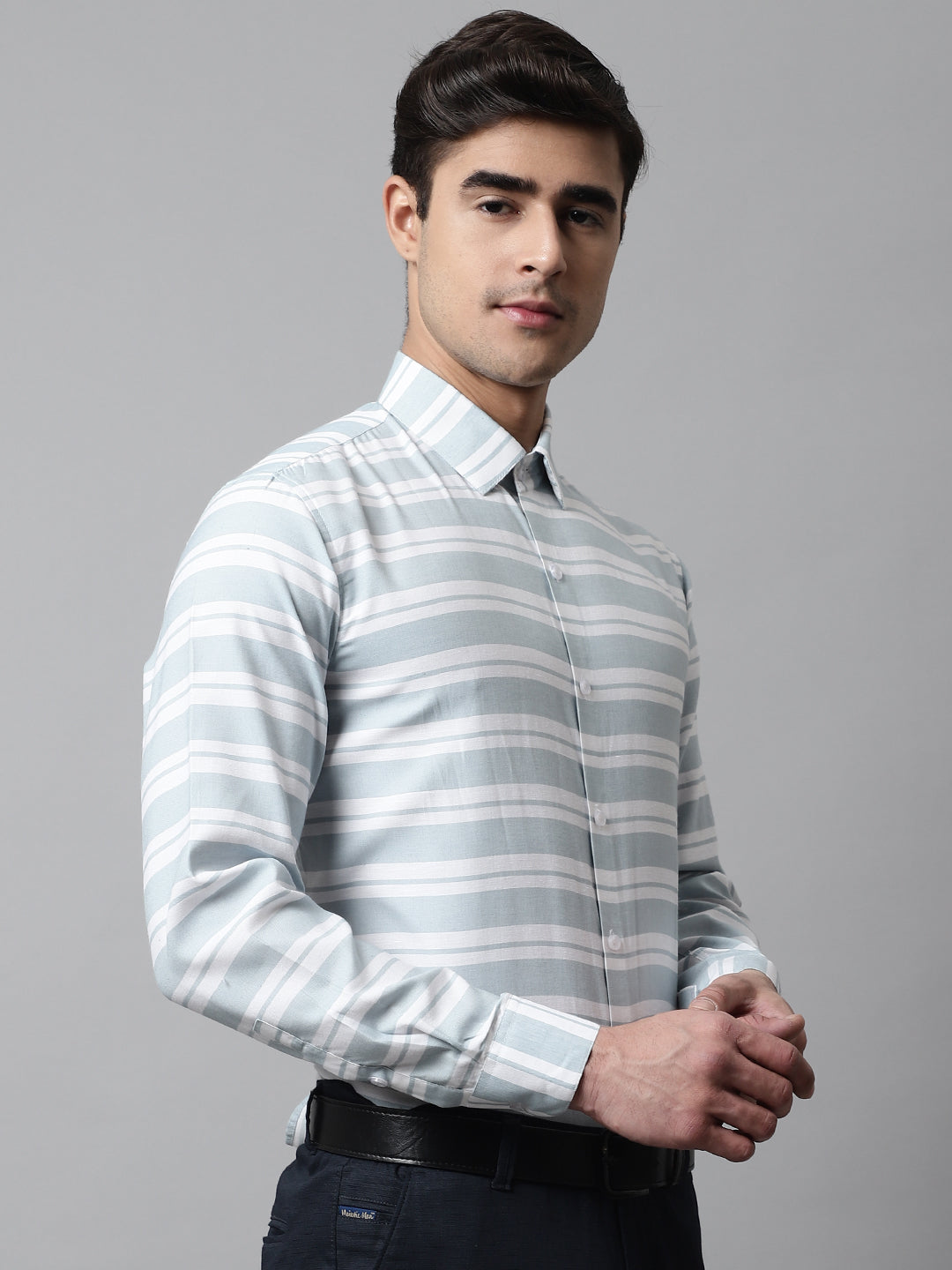 Jainish Men's Sky Blue Classic Horizontal Striped Formal Shirt