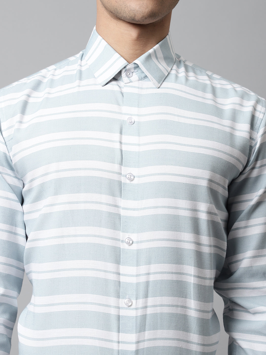 Jainish Men's Sky Blue Classic Horizontal Striped Formal Shirt