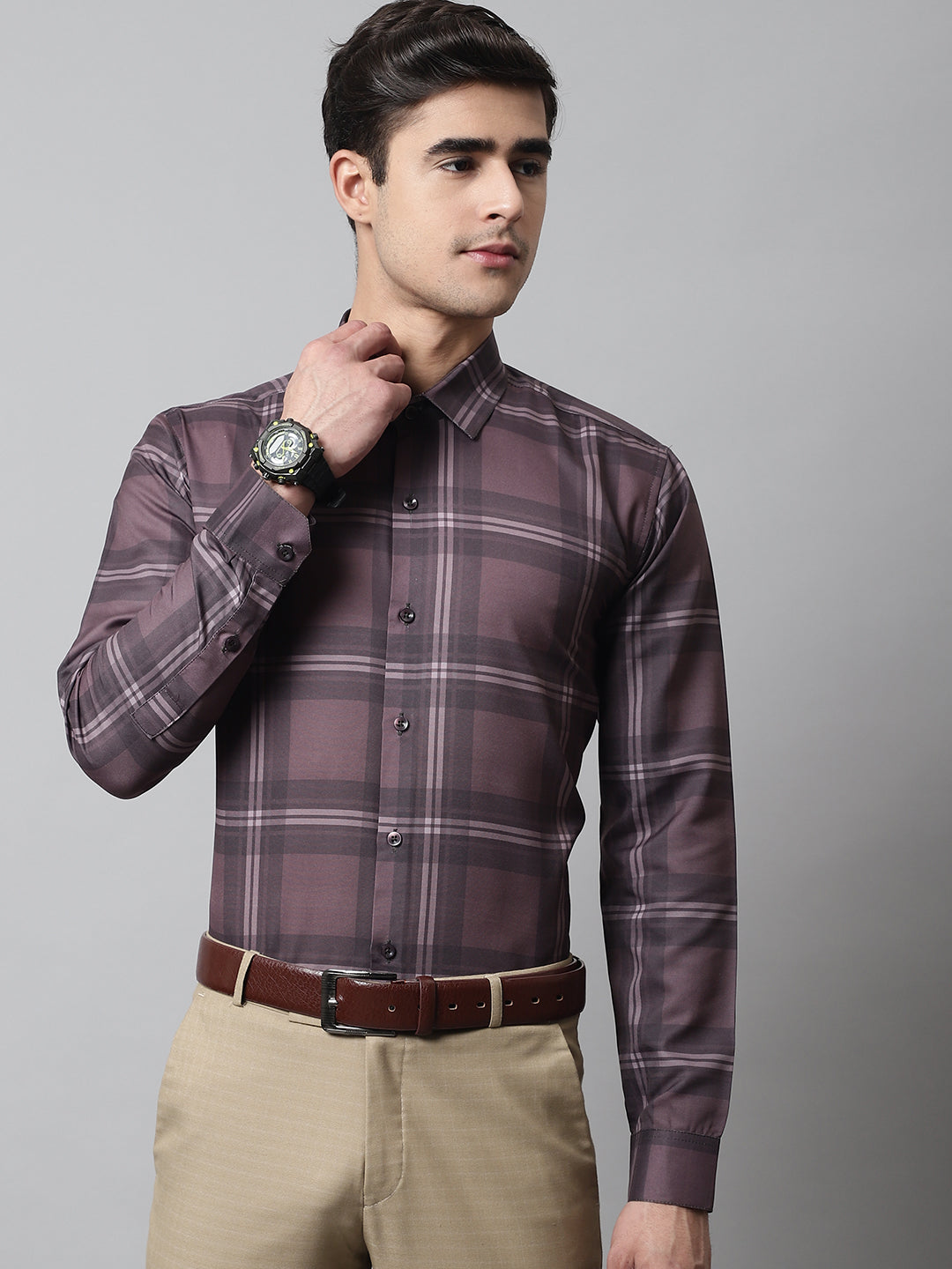 Jainish Men's Brown Checks Regular Fit Cotton Formal Shirt