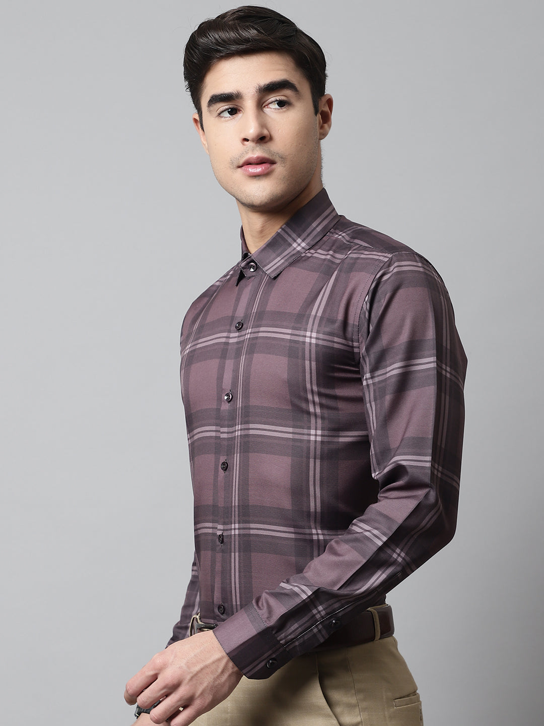 Jainish Men's Brown Checks Regular Fit Cotton Formal Shirt