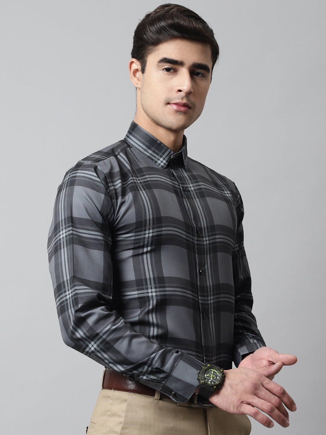 Jainish Men's Charcoal Grey Checks Regular Fit Cotton Formal Shirt