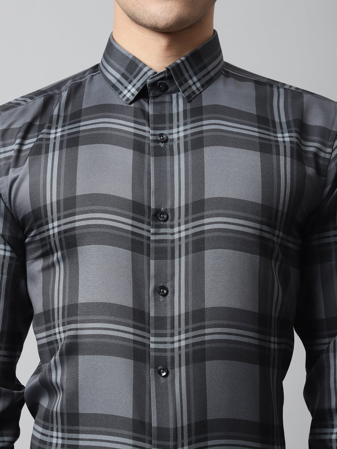 Jainish Men's Charcoal Grey Checks Regular Fit Cotton Formal Shirt