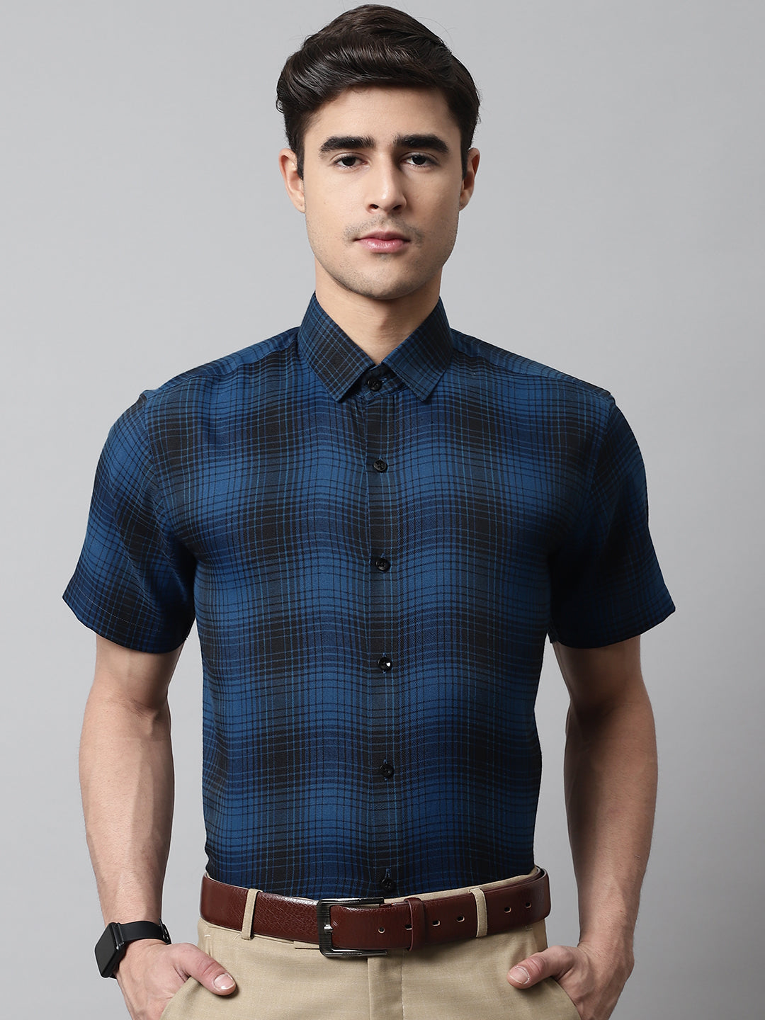 Jainish Men's Peacock Checks Regular Fit Cotton Formal Shirt