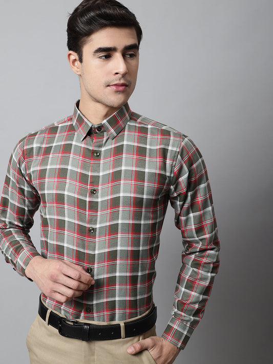 Jainish Men's Olive and Red Checks Regular Fit Cotton Formal Shirt