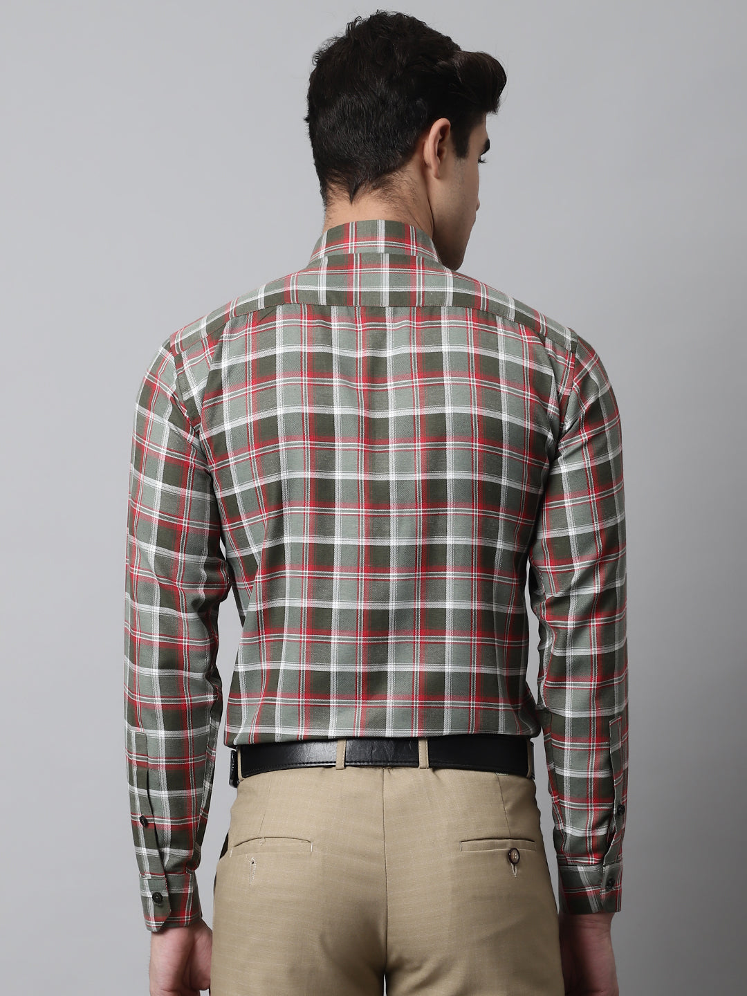 Jainish Men's Olive and Red Checks Regular Fit Cotton Formal Shirt