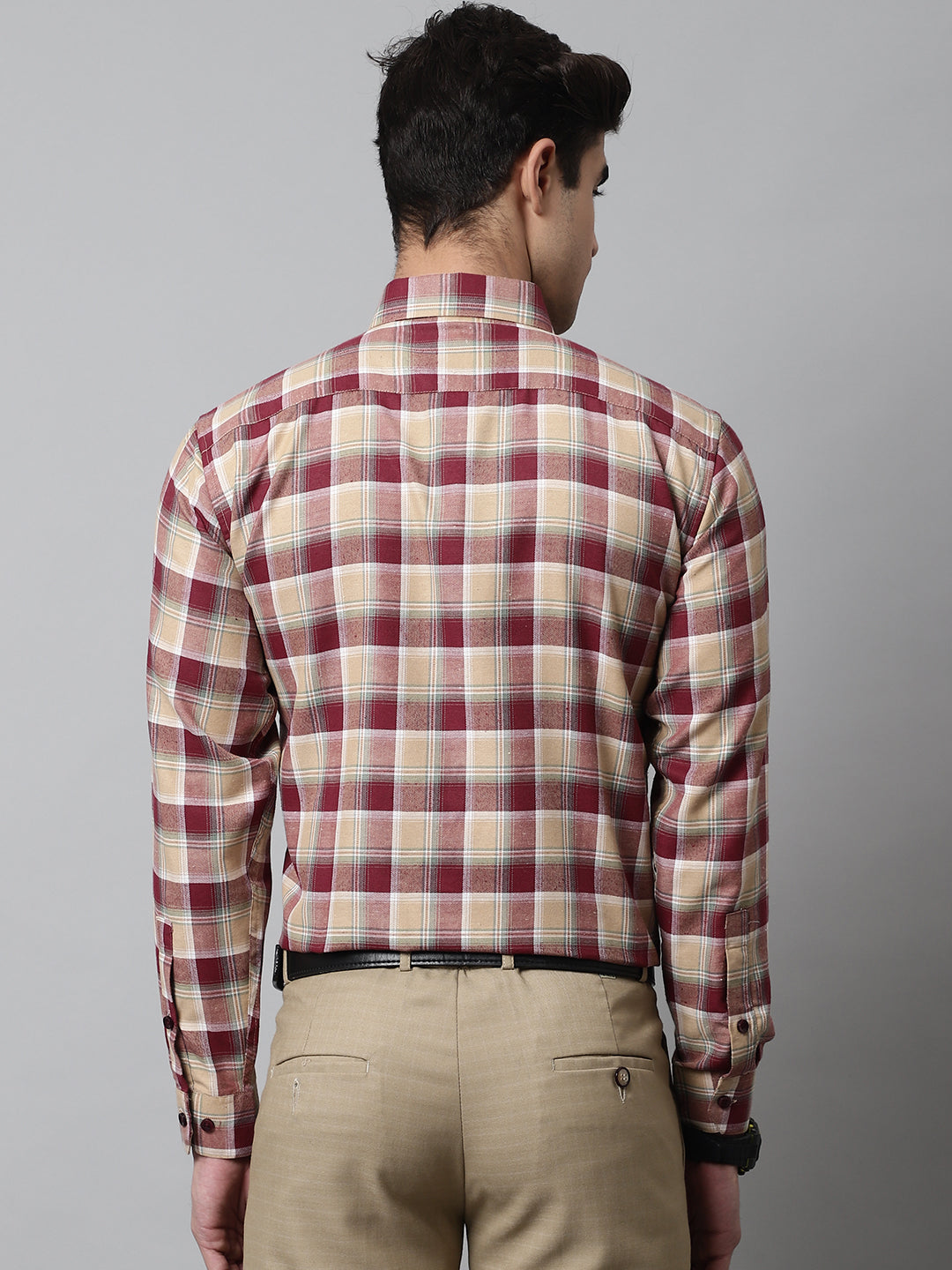 Jainish Men's Red and Beige Checks Regular Fit Cotton Formal Shirt
