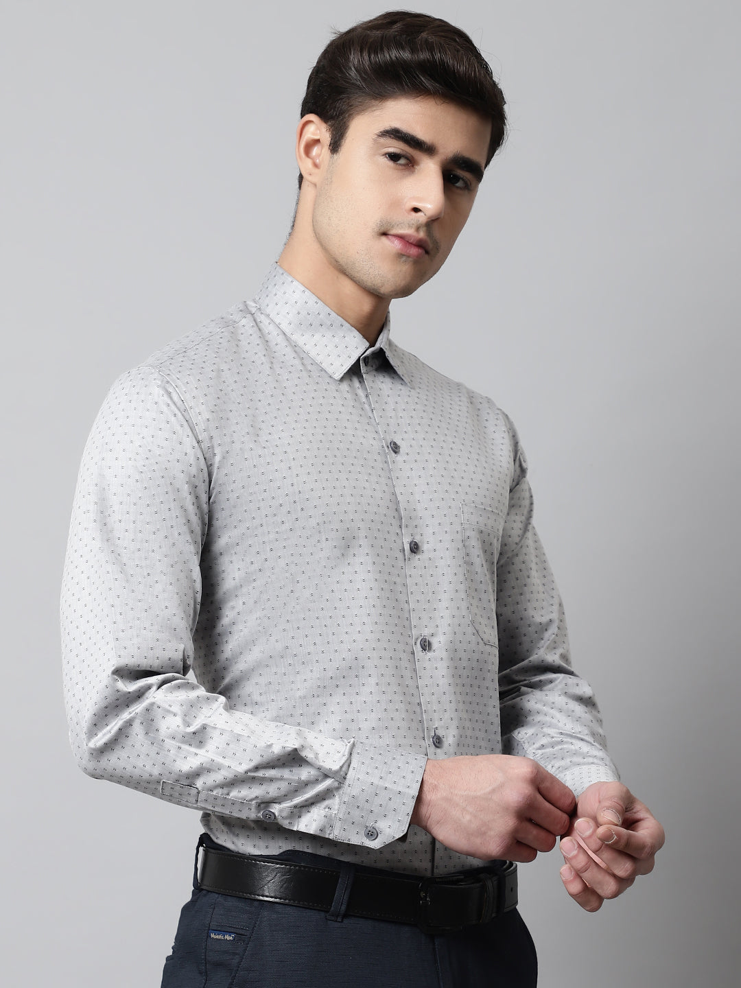 Jainish Men's Grey Micro Ditsy Printed Pure Cotton Formal Shirt